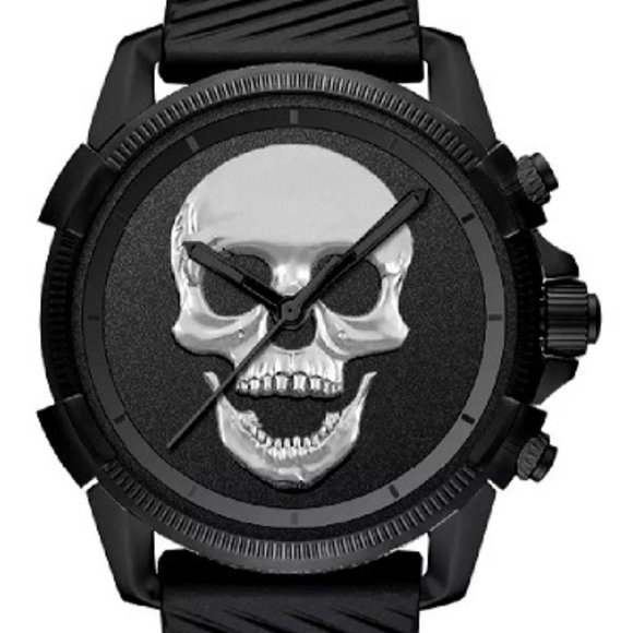 ED HARDY GOTH MATTE BLACK SILVER SKULL MEN'S SILICONE STRAP WATCH**NEW! - Picture 4 of 8
